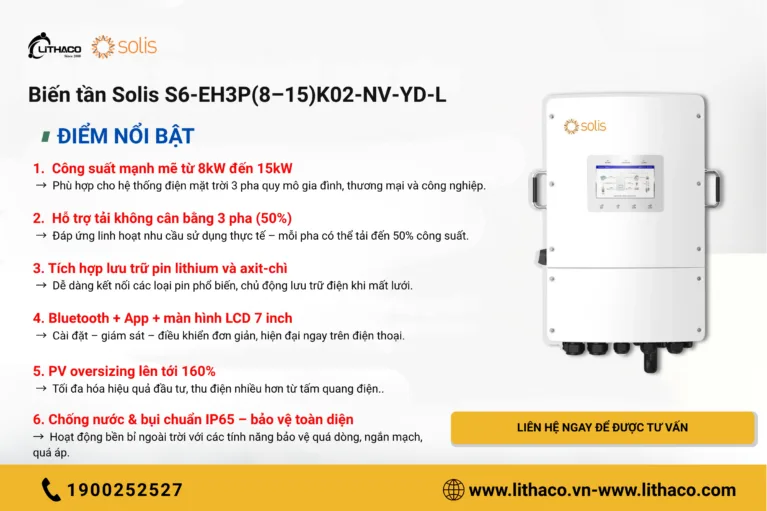 Biến tần hybrid Solis S6-EH3P(8–15)K02-NV-YD-L: Giải pháp lưu trữ điện năng thông minh cho hệ thống 3 pha