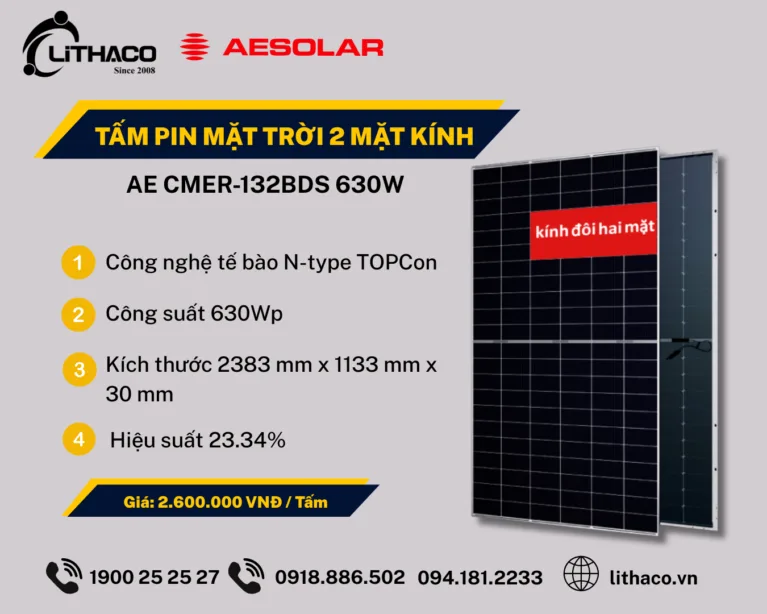 Tấm Quang Điện AE Solar 630Wp N-Type TOPCon Hai Mặt Kính Hàng Chính Hãng