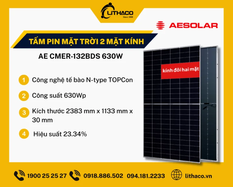 Tấm Quang Điện AE Solar 630Wp N-Type TOPCon Hai Mặt Kính Hàng Chính Hãng 1 Tấm Quang Điện AE Solar 630Wp N-Type TOPCon Hai Mặt Kính Hàng Chính Hãng